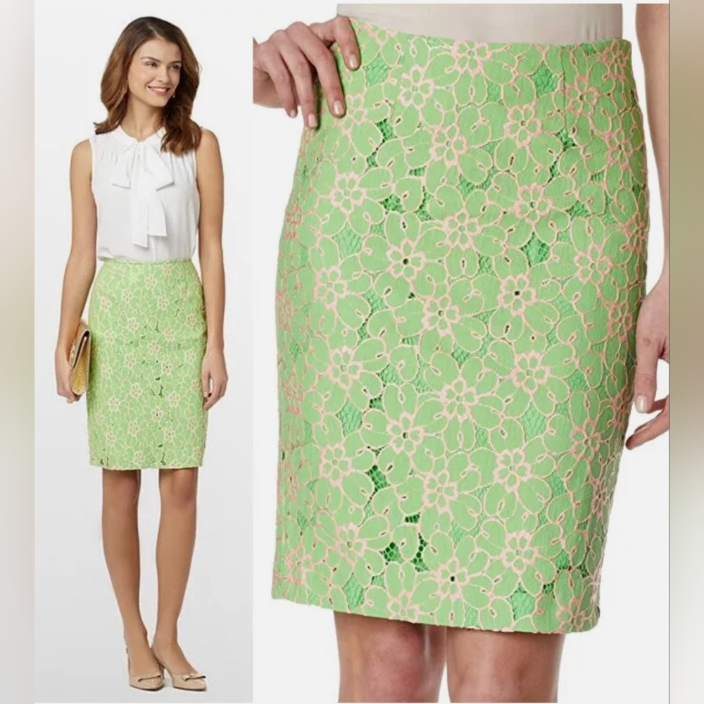 Lilly Pulitzer Green and Pink Floral Knee-Length Pencil Skirt